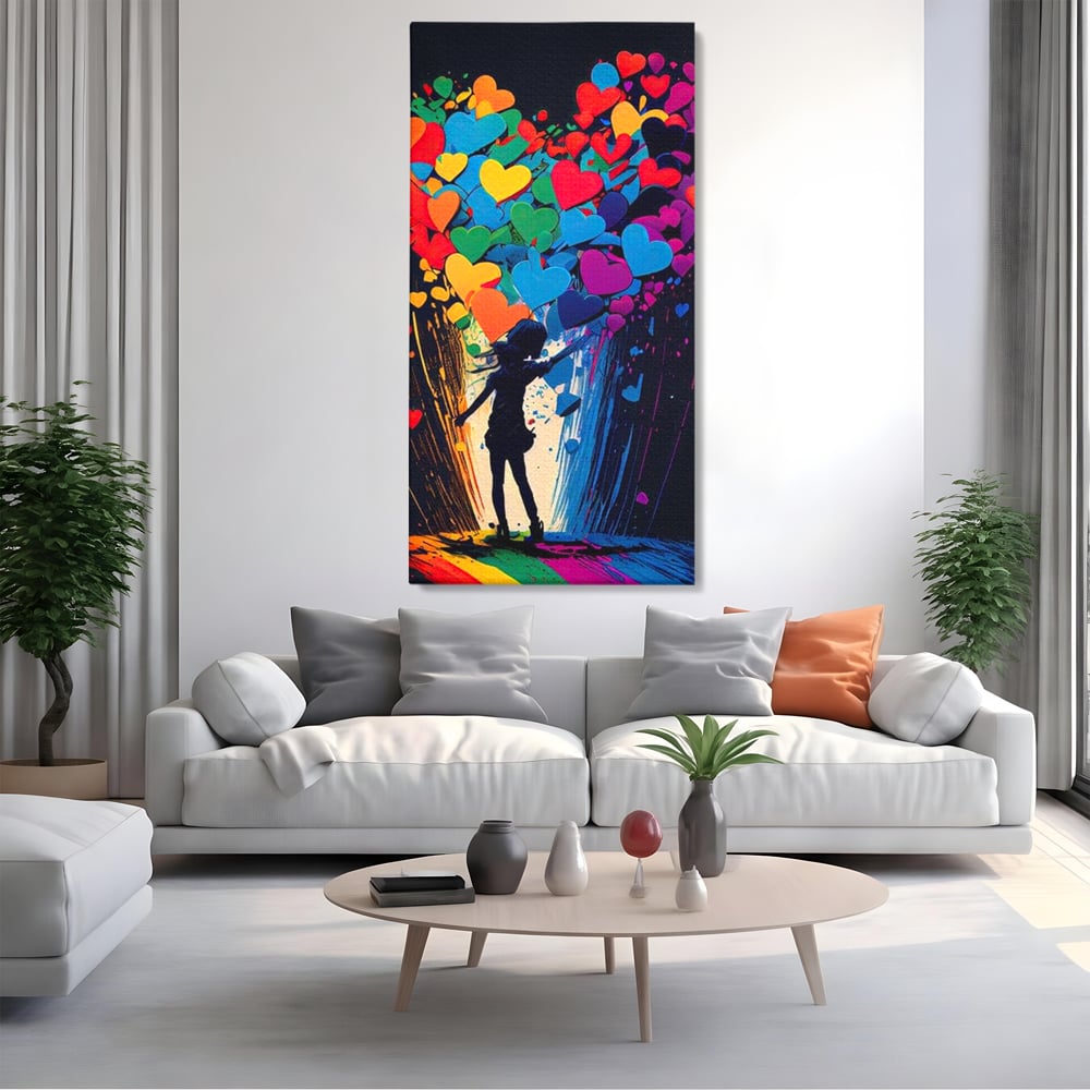 Tablou canvas cu tablou canvas cu silueta si inimi colorate, fara rama, pe sasiu de lemn, pe perete intr-un living